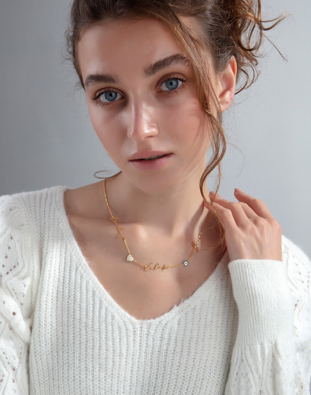 Üç İsim Nazar Kalp Gümüş İmza Kolye