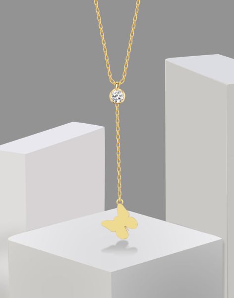 925 Ayar Kelebek Sallantılı Tek Taş Gümüş Kolye