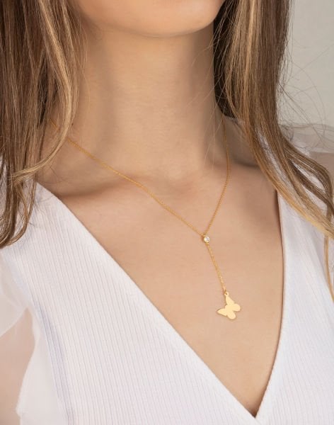 925 Ayar Kelebek Sallantılı Tek Taş Gümüş Kolye