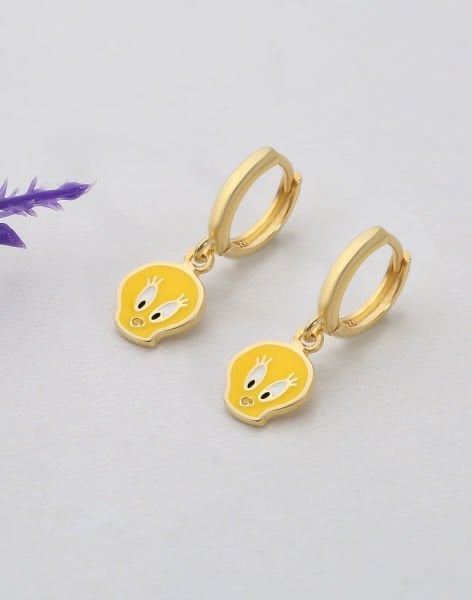 Gümüş Sarı Mineli Kuş Çocuk Küpesi