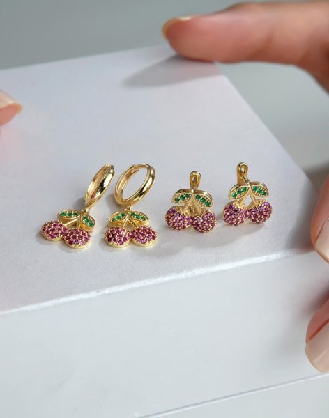 Gümüş Zirkon Taşlı Kiraz Çocuk Küpesi