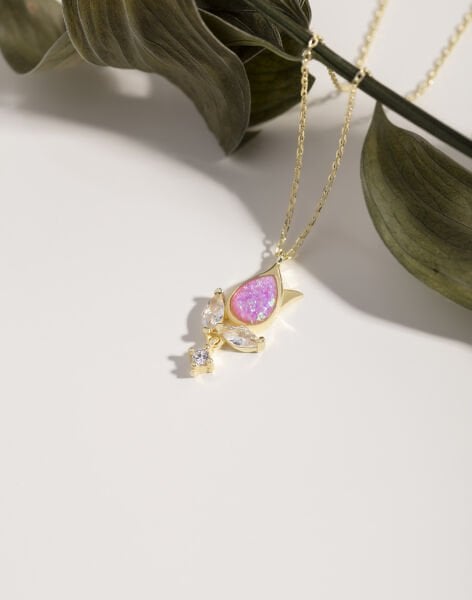 Opal Taşlı Gümüş Lale Kolye