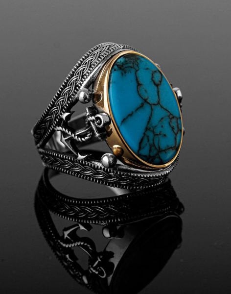 Turkuaz Taşlı Çapa Desenli Gümüş Erkek Yüzüğü