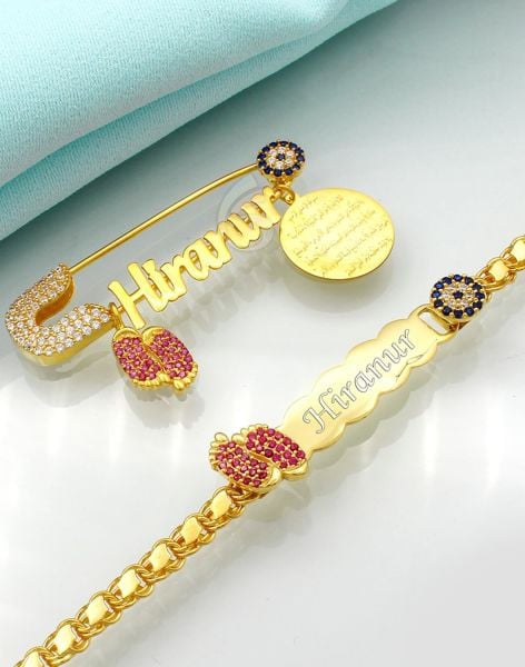 Pembe Ayaklı Gümüş  Çocuk Bileklik İğne Kombin