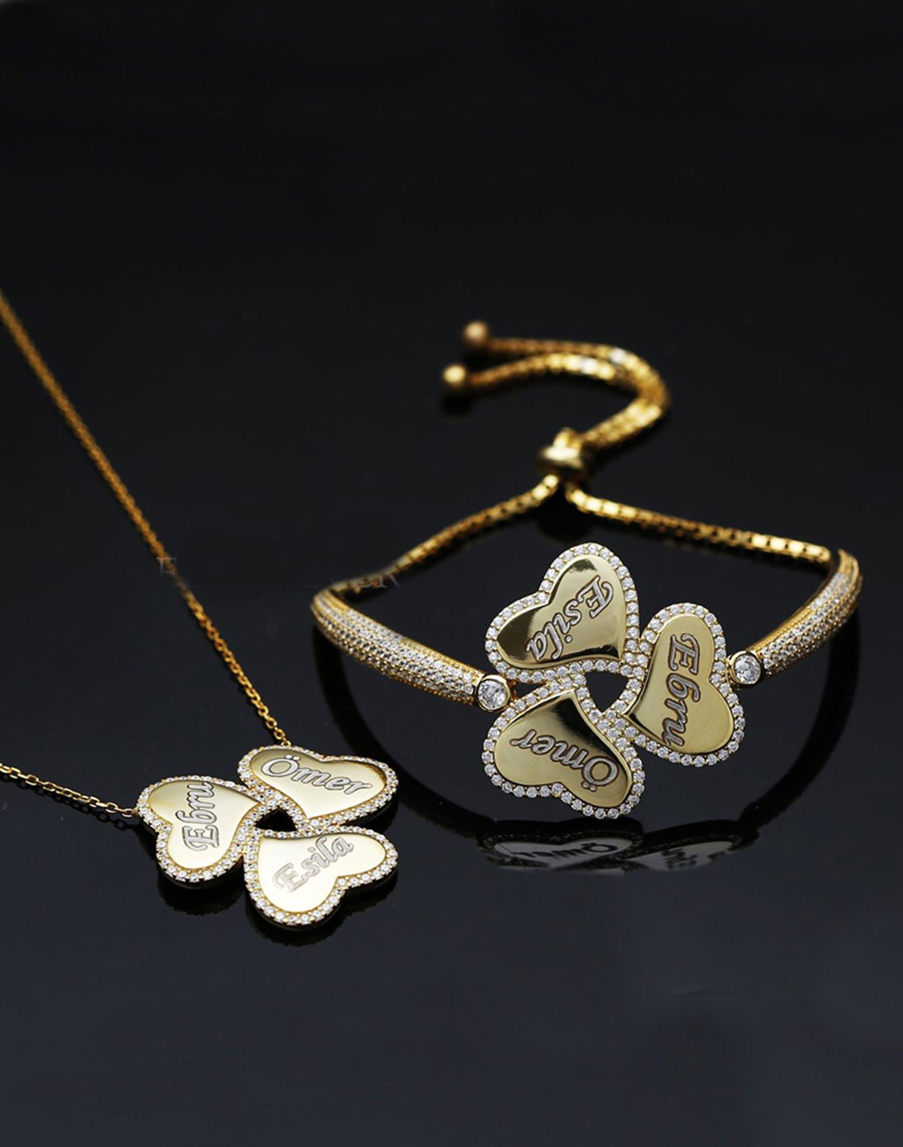 İsimli Üç Kalp Kolye Bileklik Gümüş Set