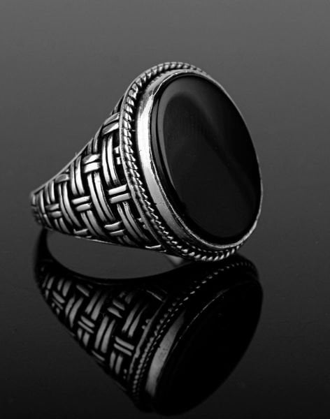 Oniks Taşlı Örgü Modeli Gümüş Erkek Yüzüğü