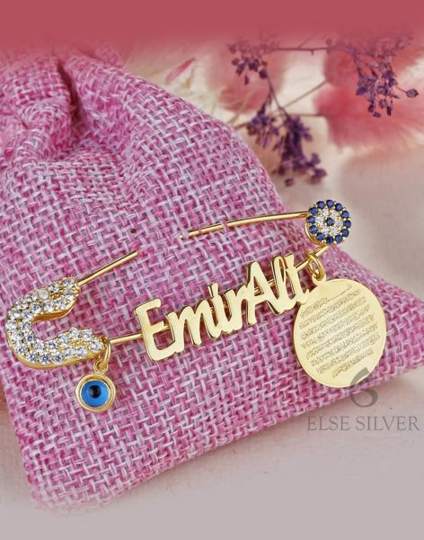 Kişiye Özel Nazar Kaynaklı Göz Sallantılı Taşlı Gümüş Bebek İğnesi