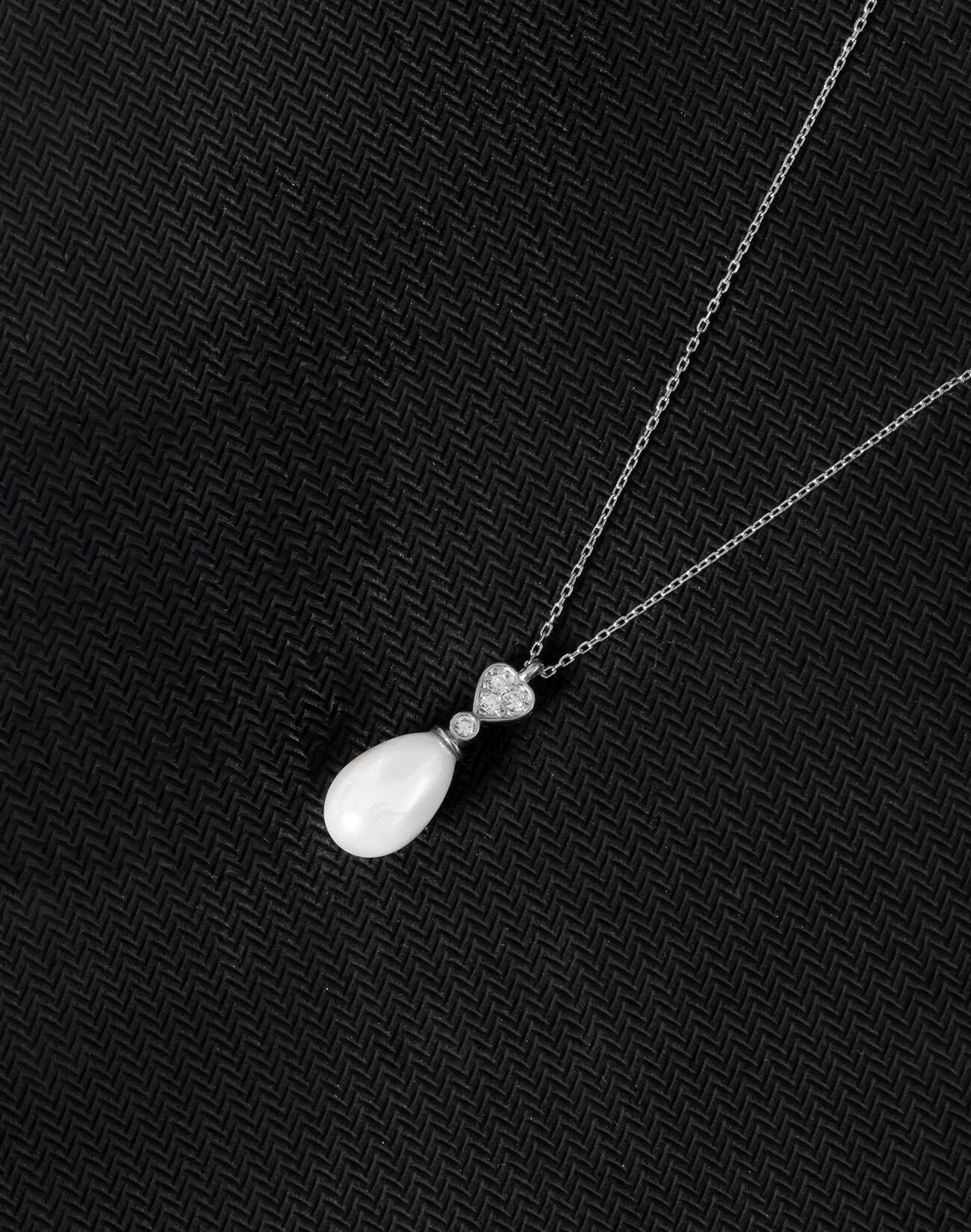 925 Ayar Gümüş Zirkon Taşlı Kalpli Damla İnci Kolye