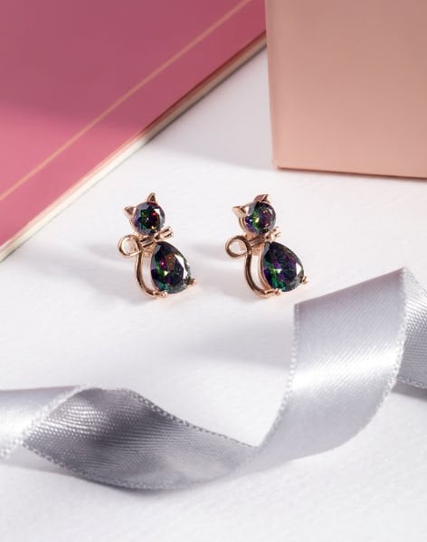 Damla Taşlı Gümüş Kedi Küpe MİSTİK TOPAZ