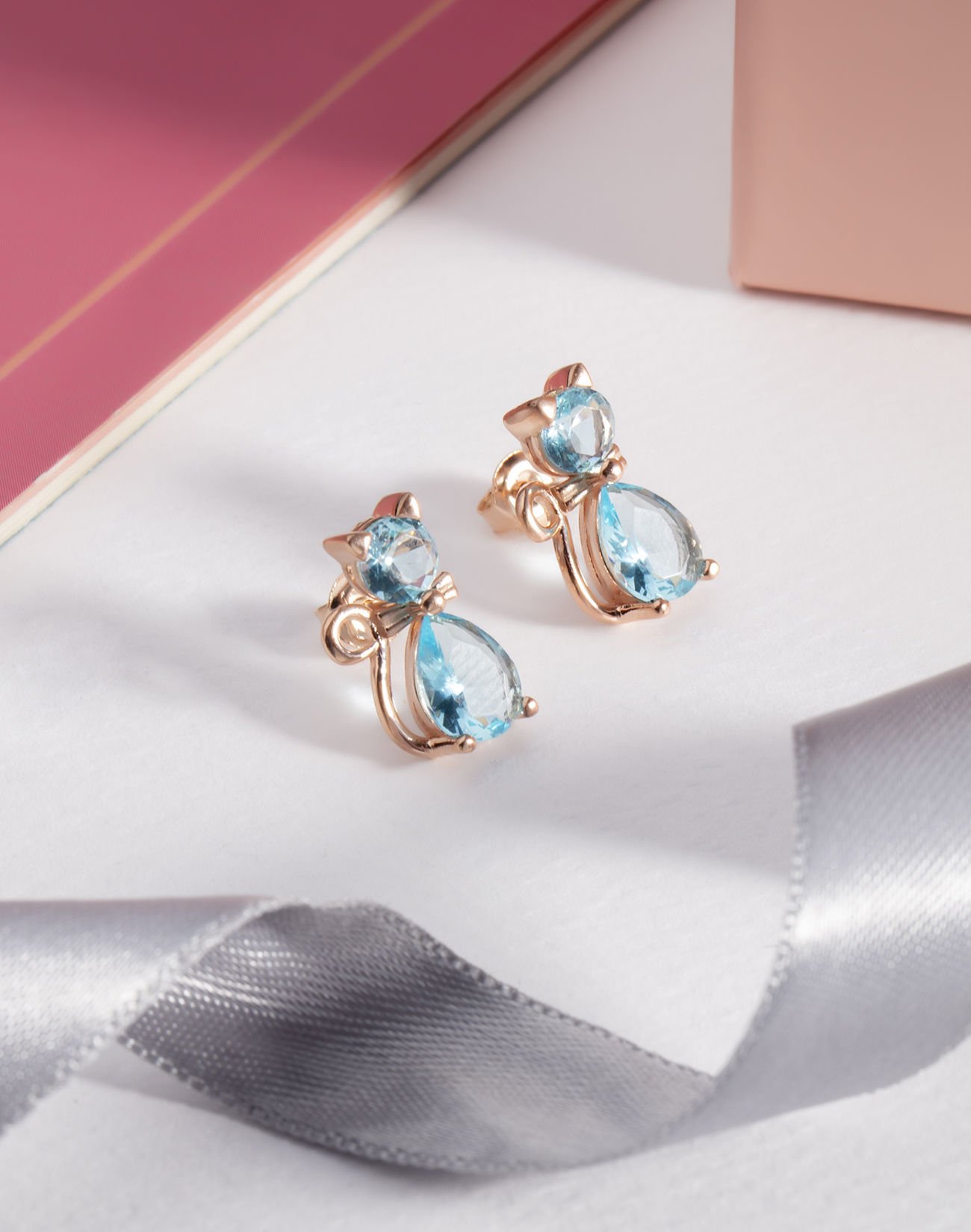 Damla Taşlı Gümüş Kedi Küpe Aquamarin