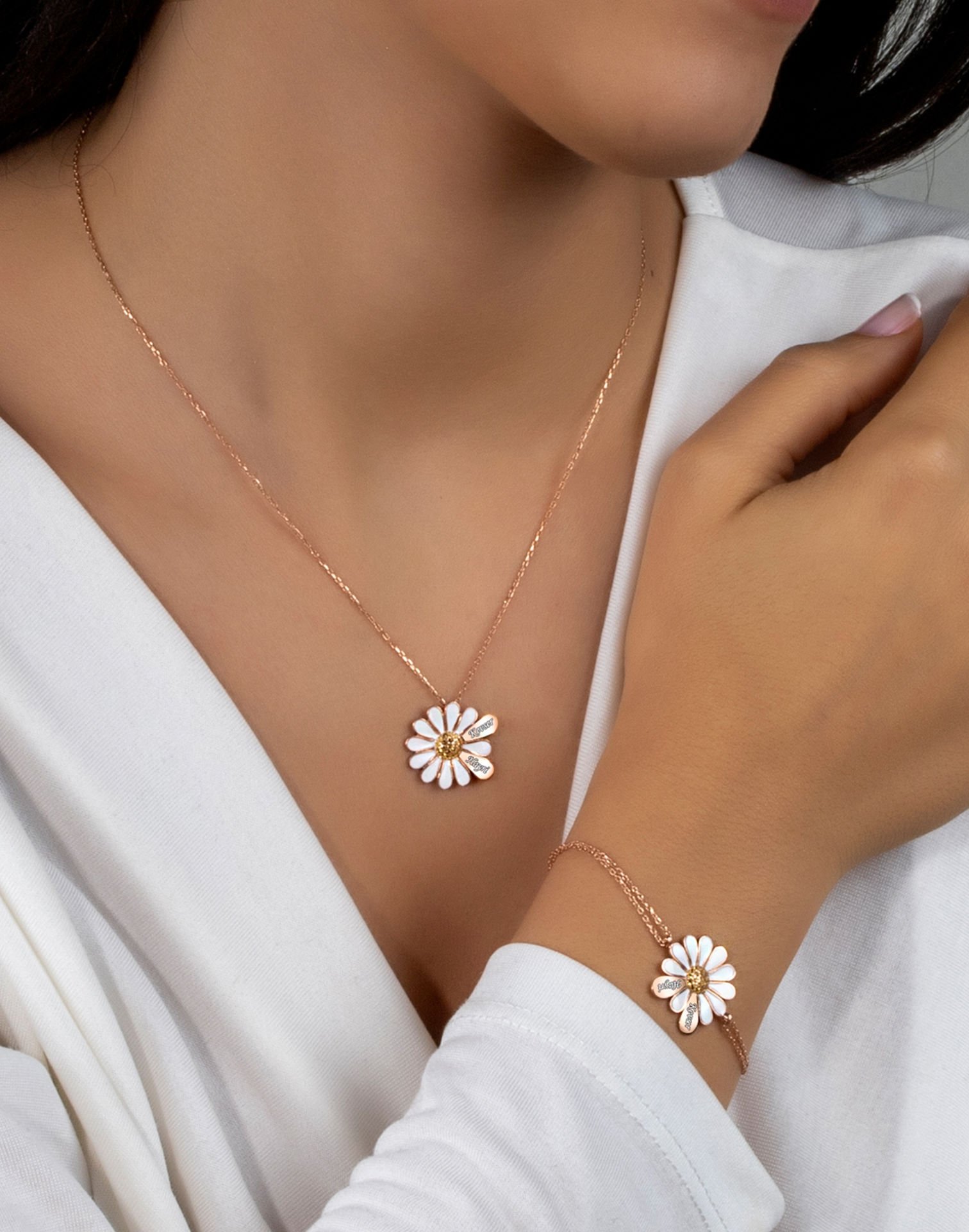 İki İsimli Papatya Gümüş Kolye Bileklik Kombin