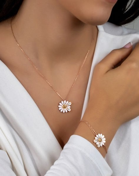 İki İsimli Papatya Gümüş Kolye Bileklik Kombin