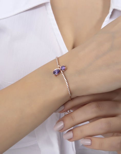Damla Taşlı Gümüş Kedi Bileklik MOR