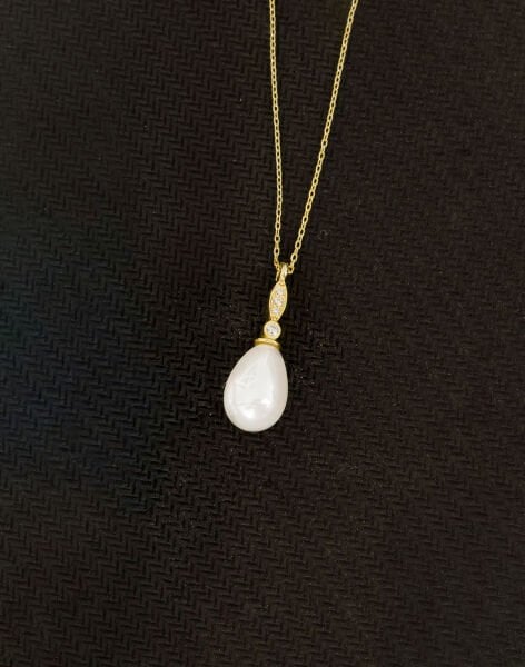 925 Ayar Gümüş Elegance Damla İnci Kolye 14 Ayar Altın Kaplama