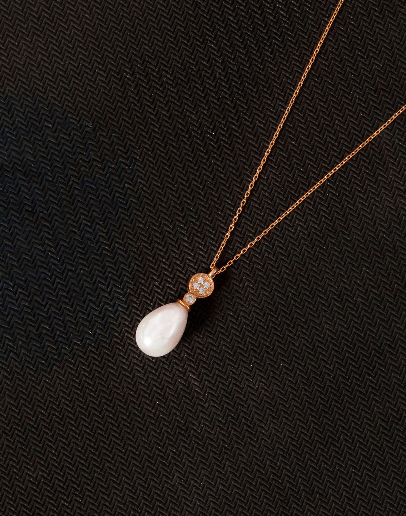 925 Ayar Gümüş Minimal Taşlı Damla İnci Kolye Rose Kaplama