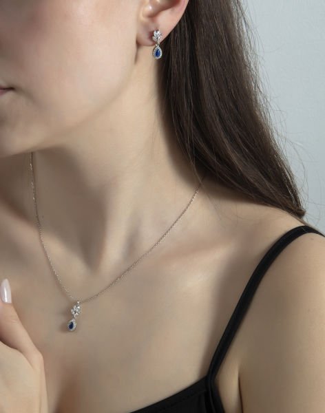 Markiz Pırlanta Modeli Damla Taş Sallantılı Takı Seti MAVİ
