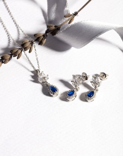 Markiz Pırlanta Modeli Damla Taş Sallantılı Takı Seti MAVİ