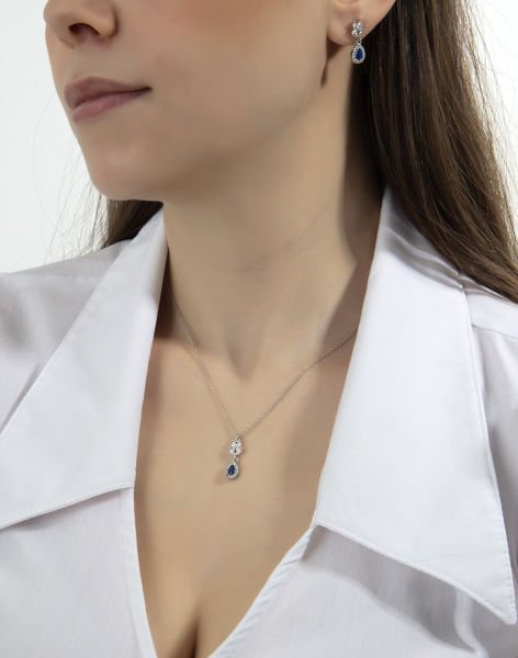 Markiz Pırlanta Modeli Damla Taş Sallantılı Takı Seti MAVİ