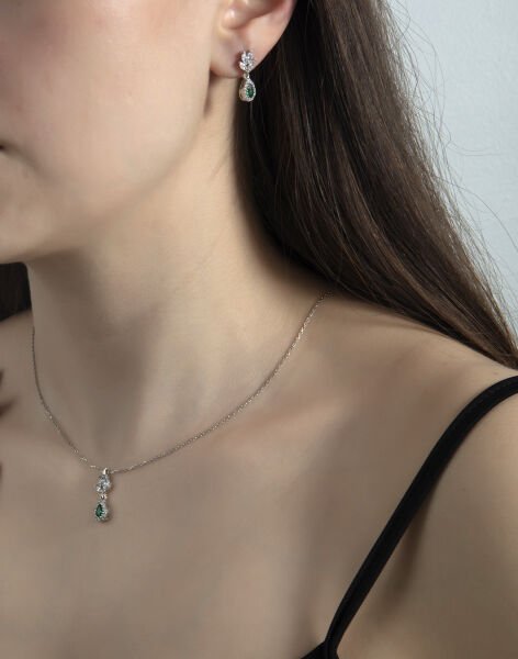 Markiz Pırlanta Modeli Damla Taş Sallantılı Takı Seti YEŞİL