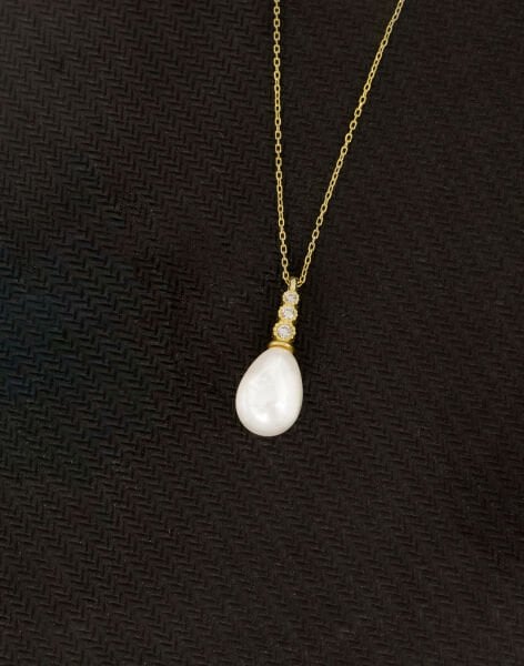 925 Ayar Gümüş Süzme Damla İnci Kolye 14 Ayar Altın Kaplama
