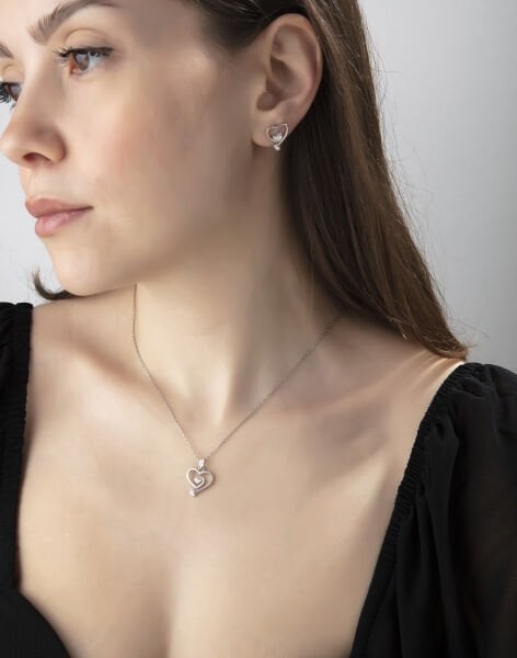 Pırlanta Modeli Kalp Gümüş Takı Seti