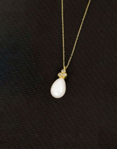 925 Ayar Gümüş Zirkon Taşlı Tria Damla İnci Kolye