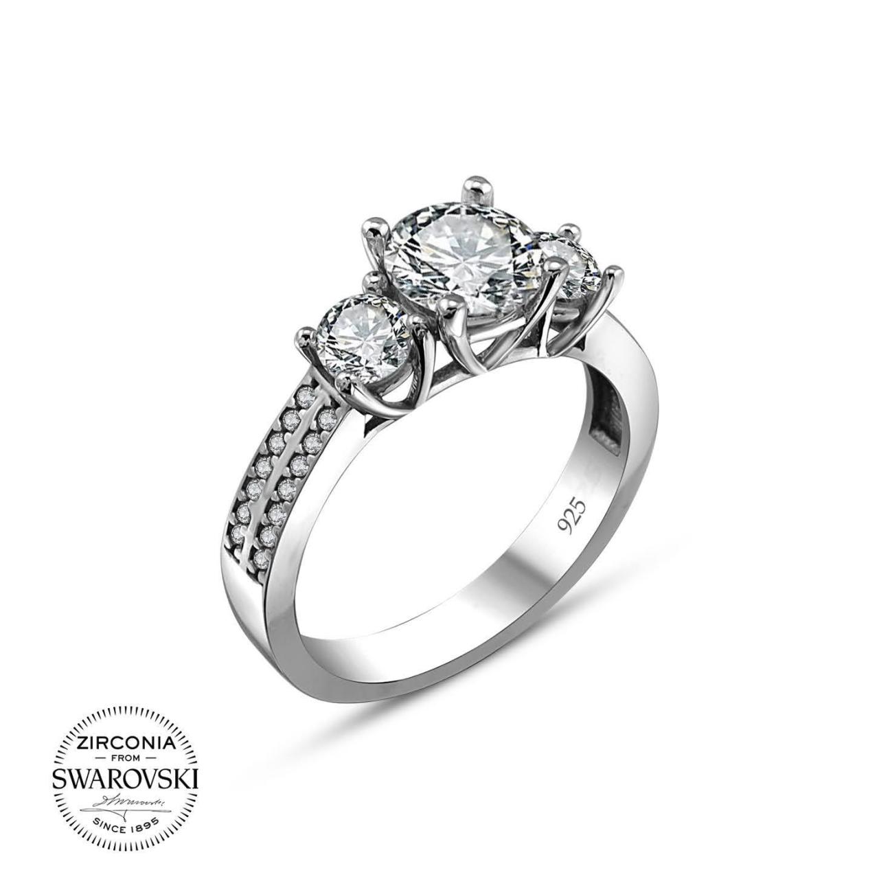 Swarovski Üç Taşlı Prenses Gümüş Yüzük