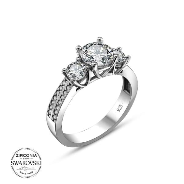 Swarovski Üç Taşlı Prenses Gümüş Yüzük