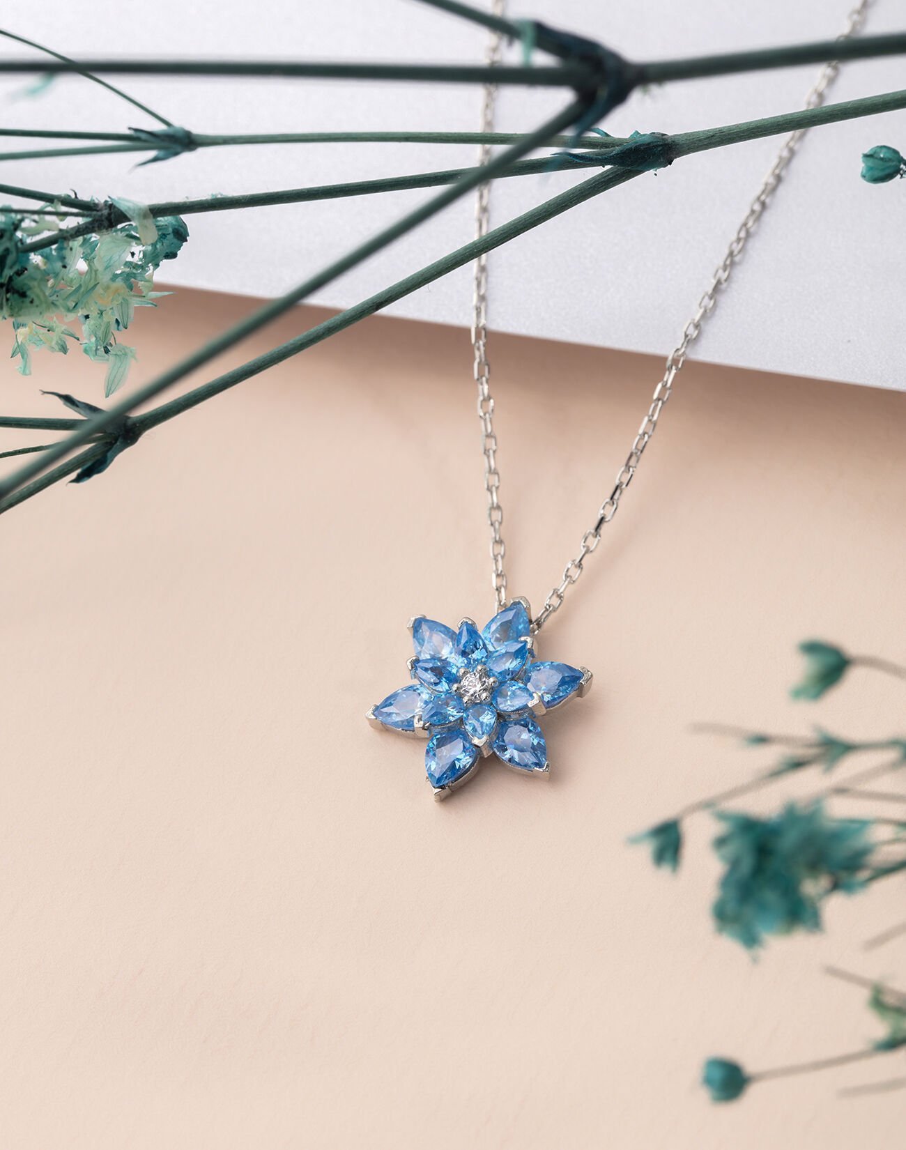 925 Ayar Gümüş Lotus Çiçeği Kolye MAVİ