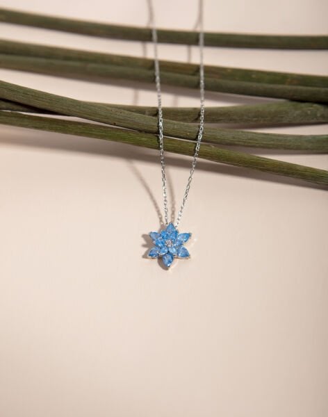 925 Ayar Gümüş Lotus Çiçeği Kolye MAVİ