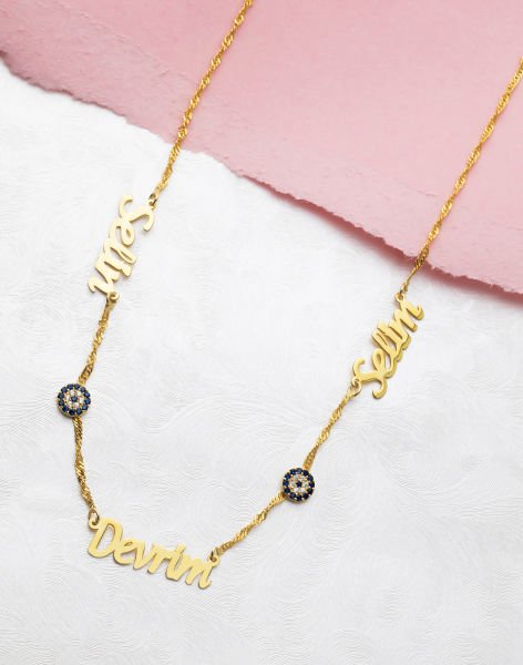 Kişiye Özel Üç İsimli Nazarlı Gümüş Kolye