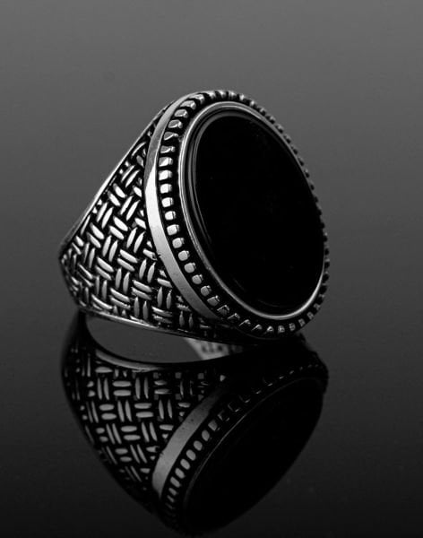 925 Ayar Örgü Modeli Oniks Taşlı Gümüş Erkek Yüzüğü