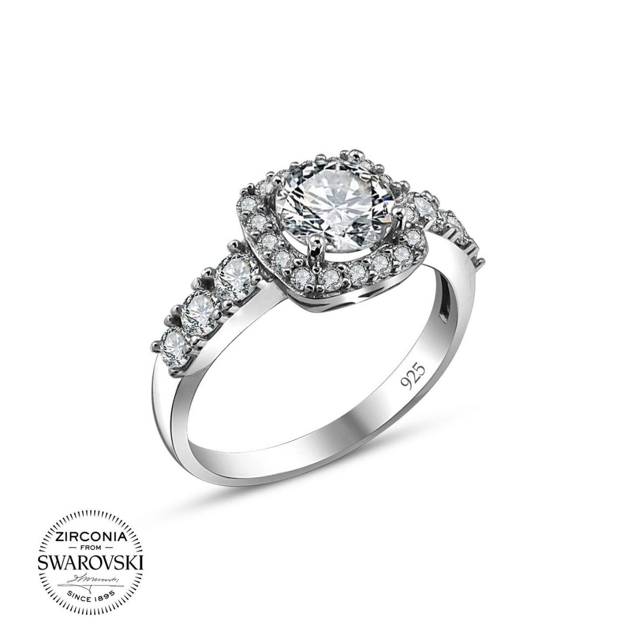 Swarovski Kare Taşlı Gümüş Yüzük