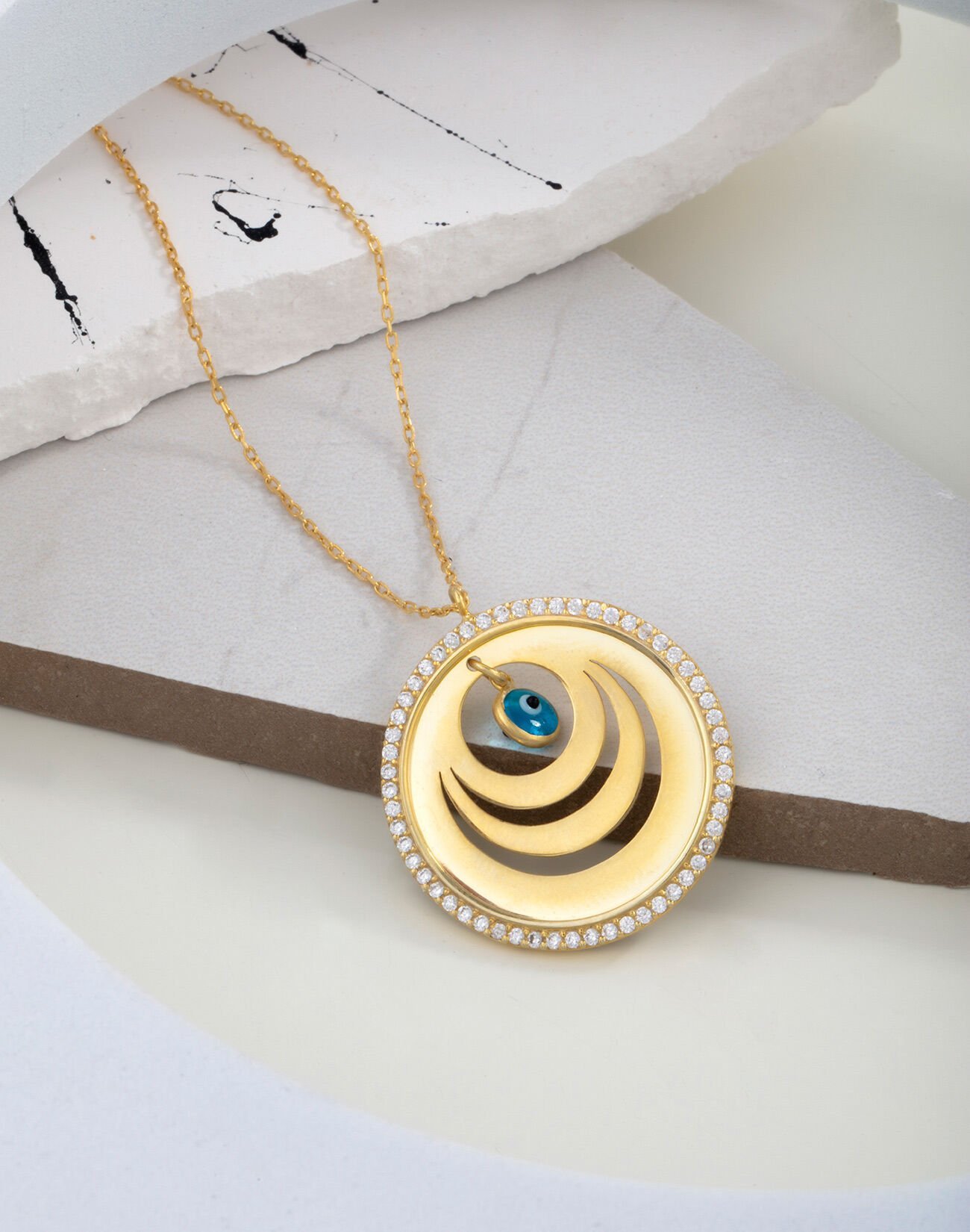 Kişiye Özel Taşlı Çerçeve Nazarlı Üç Halka Gümüş Kolye