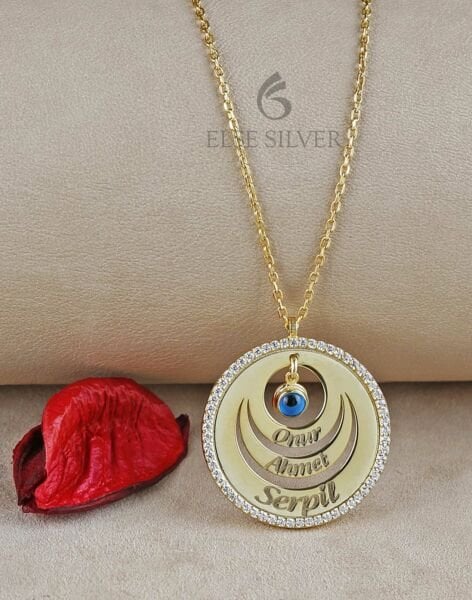 Kişiye Özel Taşlı Çerçeve Nazarlı Üç Halka Gümüş Kolye