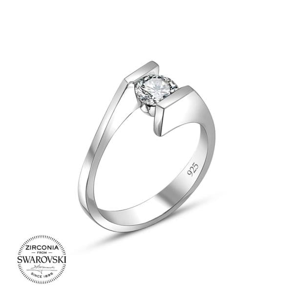 Swarovski Tek Taşlı İkiz Tırnaklı Gümüş Yüzük