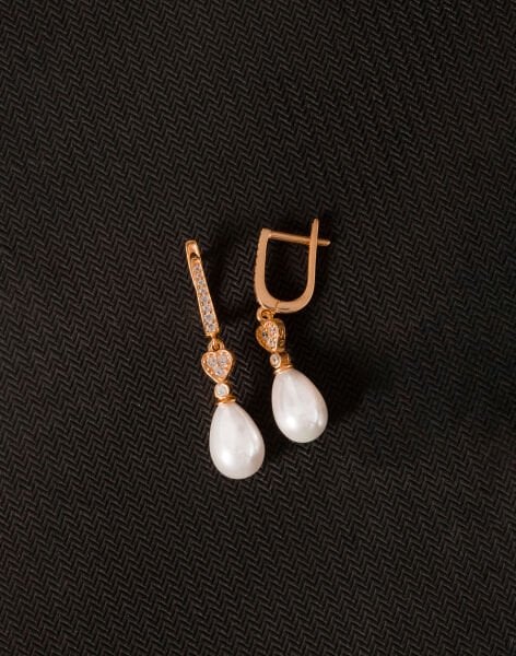 925 Ayar Gümüş Zirkon Taşlı Kalpli Damla İnci Küpe