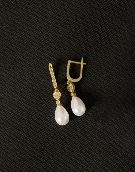 925 Ayar Gümüş Zirkon Taşlı Kalpli Damla İnci Küpe