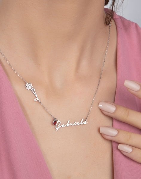 Kişiye Özel Doğum Çiçeği ve Doğum Taşı İsimli Kolye Rodyum Kaplama