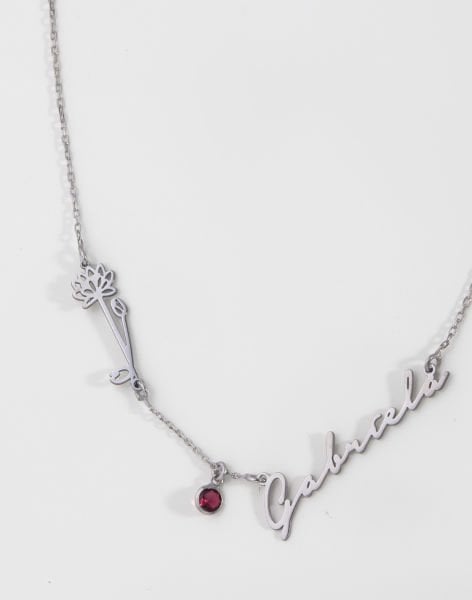 Kişiye Özel Doğum Çiçeği ve Doğum Taşı İsimli Kolye Rodyum Kaplama