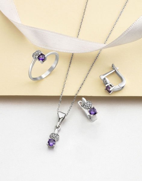 Prenses Modeli Kalpli Gümüş Takı Seti MOR - 16