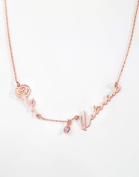 Kişiye Özel Doğum Çiçeği ve Doğum Taşı İsimli Kolye Rose Kaplama