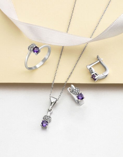 Prenses Modeli Kalpli Gümüş Takı Seti MOR - 18