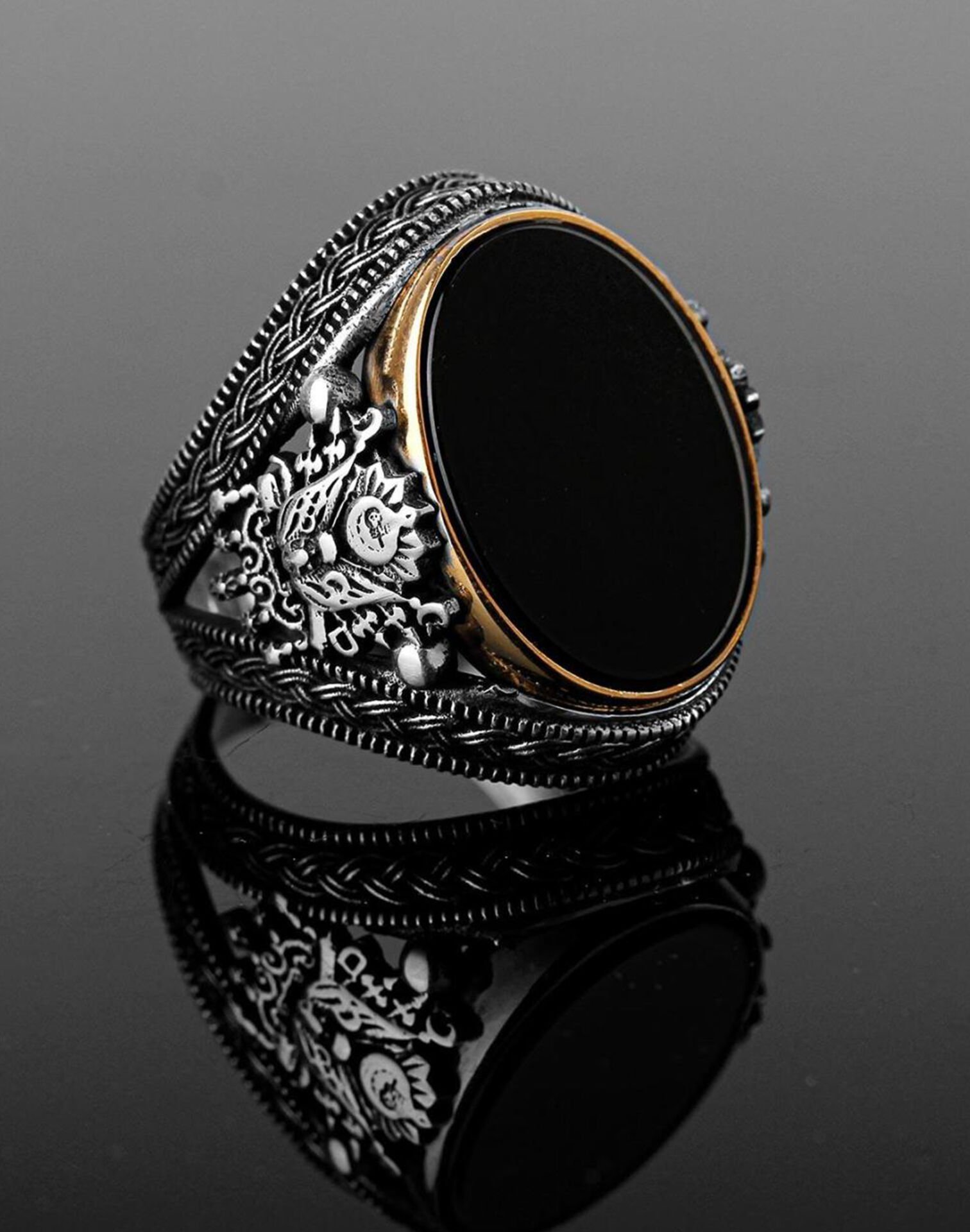 Oniks Taşlı Osmanlı Devlet Armalı Gümüş Erkek Yüzüğü