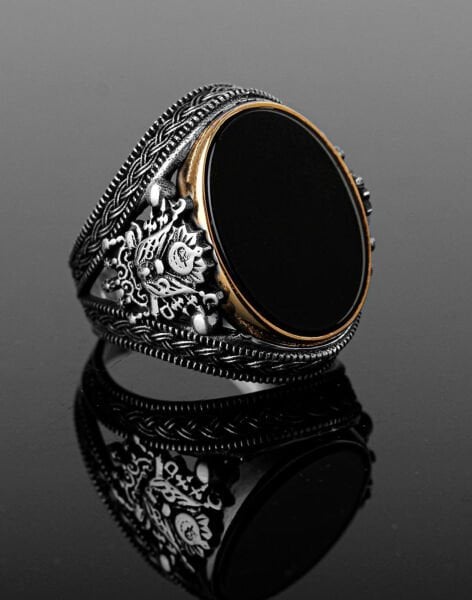 Oniks Taşlı Osmanlı Devlet Armalı Gümüş Erkek Yüzüğü