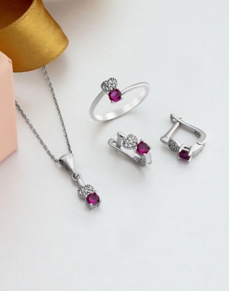 Prenses Modeli Kalpli Gümüş Takı Seti PEMBE - 14