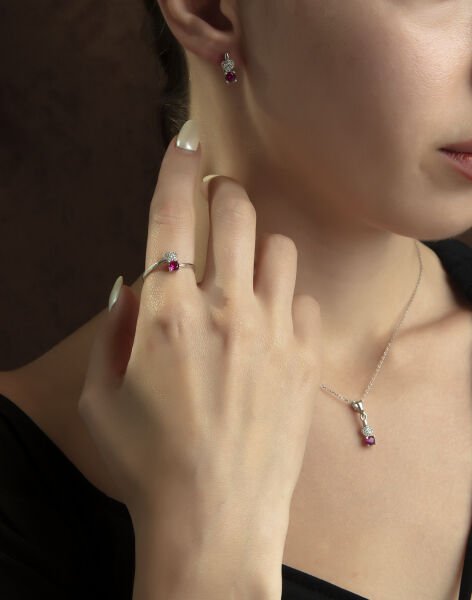 Prenses Modeli Kalpli Gümüş Takı Seti PEMBE - 15