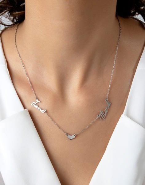 Kişiye Özel İki İsimli Kalpli Gümüş Kolye