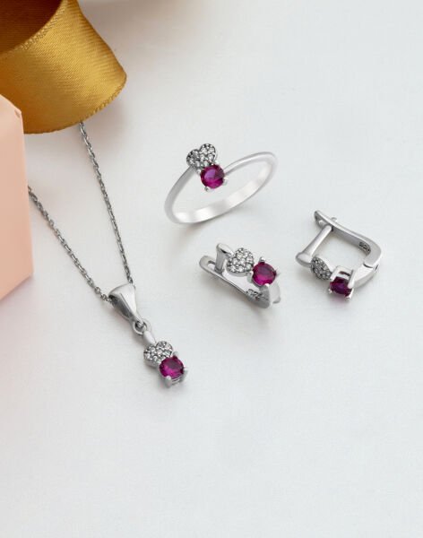 Prenses Modeli Kalpli Gümüş Takı Seti PEMBE - 20