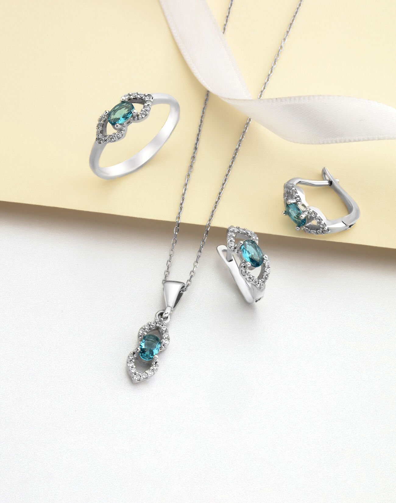 Oval Taşlı Zarif Pırlanta Modeli Gümüş Takı Seti Aquamarin - 12